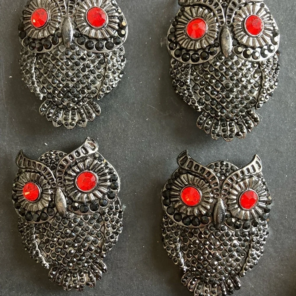 Tahari Napkin Rings Owl black with red stone eyes new